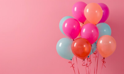 Bunch of bright balloons on pink background, space for text, Generative AI