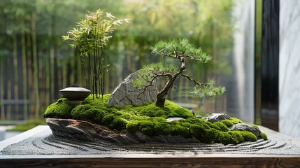 Rolgordijnen Zen Garden Craft a featuring minimalist and tranquil greenery such as bamboo, moss, and bonsai trees © BURIN93