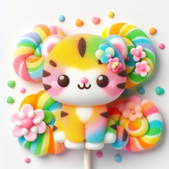 Fototapeta premium a cute tiger with flowers made of pastel color rainbow gummy candy on a white background