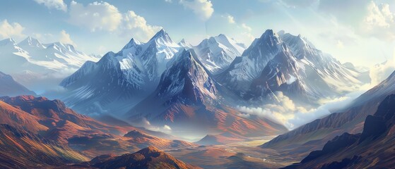 Mountains showcasing majestic peaks, rugged terrain, and possibly snowcapped summits against a backdrop of clear skies or misty clouds - obrazy, fototapety, plakaty