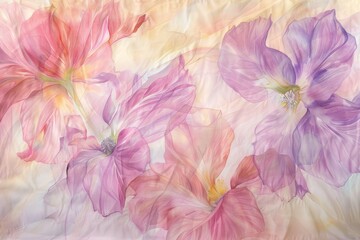Natures Palette Delicate petals in blush pink, lavender, and pale yellow sway in the breeze, handdrawn in watercolors with a pastel blend in soft light