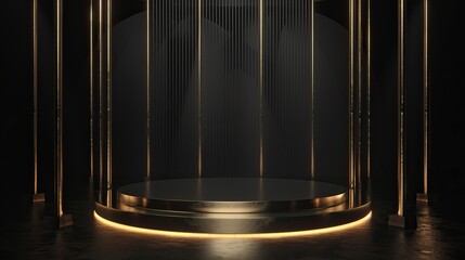 Gold black podium background 3D golden product line stage dark platform - obrazy, fototapety, plakaty