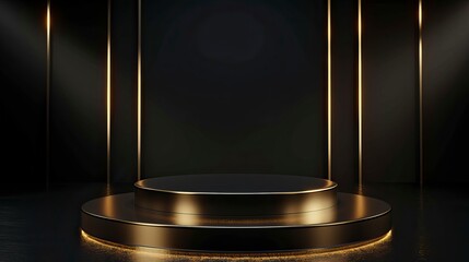 Gold black podium background 3D golden product line stage dark platform