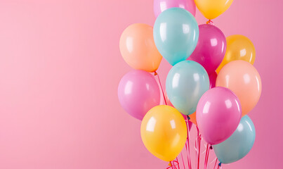Fototapeta na wymiar Bunch of bright balloons on pink background, space for text, Generative AI