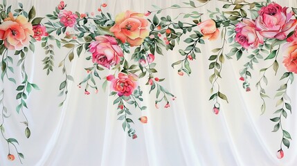 Floral Garland Create a featuring a garland of watercolor flowers draped across the fabric Add leaves, vines, and tendrils for a whimsical and romantic design - obrazy, fototapety, plakaty
