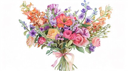 Floral Bouquet Design showcasing a vibrant bouquet of watercolor flowers tied with a ribbon Add a variety of blooms in different colors and sizes for a lush and bountiful arrangement ,high detailed