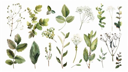 Botanical Illustrations Create a featuring detailed watercolor illustrations of botanical specimens, such as leaves, stems, and buds Arrange them in 