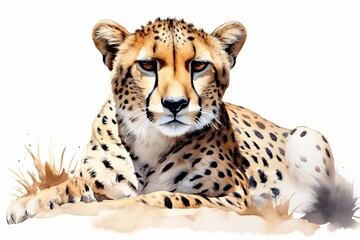 A lying cheetah portrait watercolor clipart illustration on white background