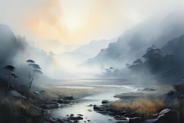 a layered lines, misty atmosphere, soft color fields, watercolorist