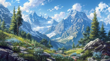 Mountain Majesty Design a showcasing majestic mountain peaks against a backdrop of clear blue skies Include elements such as pine trees