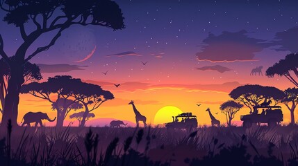 Safari Sunset Adventure Craft a inspired by an African safari sunset, with acacia trees silhouetted against the sky and roaming wildlife such as elephants