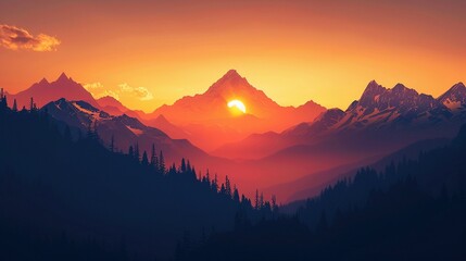 Mountain Sunset Majesty Craft a featuring a sunset behind majestic mountains, with snowcapped peaks and alpine forests Add elements like hiking trails, mountain cabins