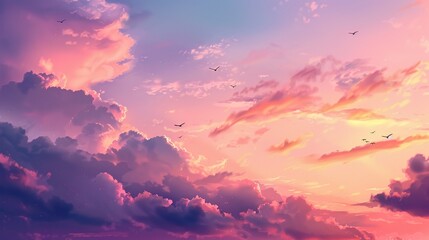 Pastel Sky Palette Design a inspired by pastelcolored sunsets, with soft shades of pink, purple, and orange blending together in the sky Add fluffy clouds and flying birds for a dreamy atmosphere - obrazy, fototapety, plakaty