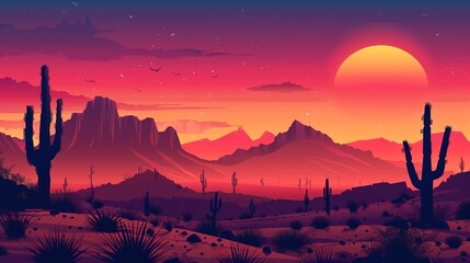 Desert Sunset Mirage Create a  inspired by a desert sunset, with shifting sands and distant mountains silhouetted against the sky Add cacti, tumbleweeds, and desert wildlife for an arid landscape 
