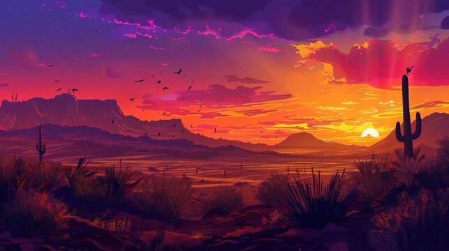 Desert Sunset Mirage Create a  inspired by a desert sunset, with shifting sands and distant mountains silhouetted against the sky Add cacti, tumbleweeds, and desert wildlife for an arid landscape