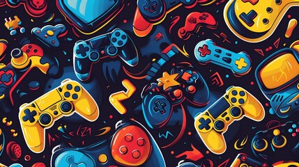 Gaming Galore Design a inspired by computer gaming, featuring iconic gaming symbols such as controllers, joysticks, gamepads, and console logos Add dynamic elements such as explosions