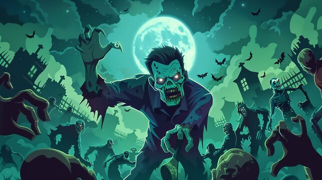 Zombies and Monsters Design a featuring zombies with tattered clothes and outstretched arms, accompanied by classic monsters such as Franken steins monster and Dracula Add moonlit 