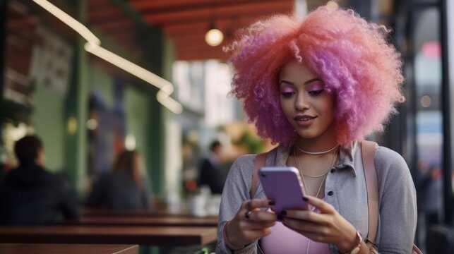 A woman with pink hair is looking at her cell phone