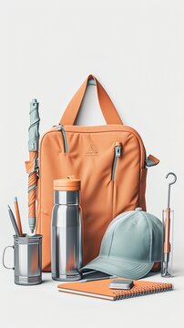 group shot of a metal water bottle, cotton tote bag, pen, notebook, coffee mug, baseball cap and umbrella. white background
