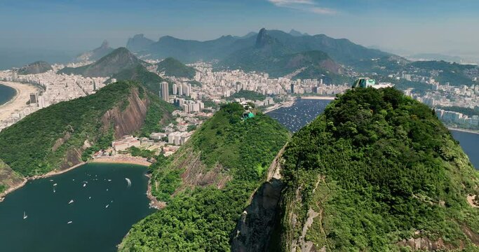 Flying around top of Sugarloaf Mountain. Beautiful panorama of Rio de Janeiro