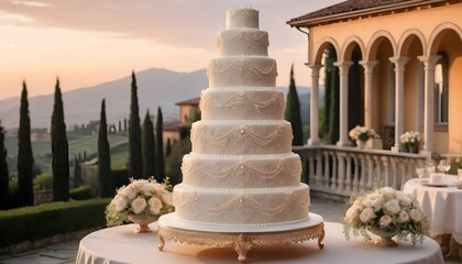 A majestic wedding cake standing tall, its tiers embellished with intricate lace patterns and shimmering pearls, illuminated by the gentle rays of dawn as they dance across the sky behind a picturesqu
