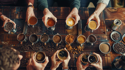 Group of people tasting variety of coffee drinks in a cafe, top down view.