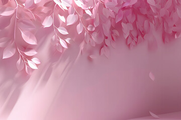 3D studio background in pink color with pink branches and leaves for product presentation. Empty background with shadows of branches and leaves. 3d room with copy space