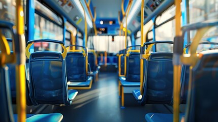 The interior of an empty city bus. The blue seat and yellow handle create a striking color contrast