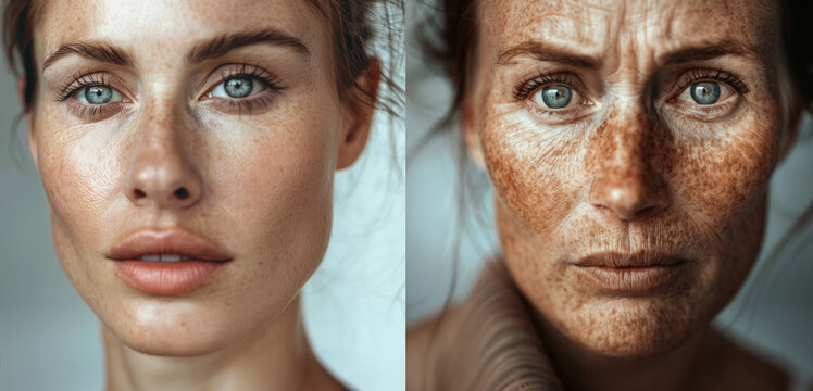 Dual-faced image of a woman: one side with youthful skin, the other aged, showcasing skin aging. Before and after young and old.