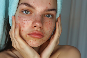 Young woman with acne, candidly confronting her skin condition in the bathroom.

 - obrazy, fototapety, plakaty