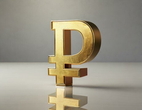 A 3d golden Russian ruble symbol with a plain background