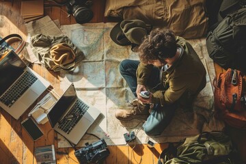 The picture of the young or adult caucasian male human focus and looking at the map of the world in the small room that has been filled with various object under the bright sun in the daytime. AIGX03.