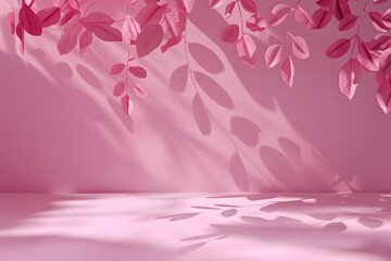 3D studio background in pink color with pink branches and leaves for product presentation. Empty background with shadows of branches and leaves. 3d room with copy space