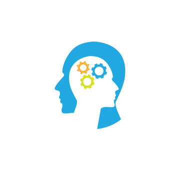 this image is a psychology related logo that depicts two heads facing opposite directions with three cogs in the middle drawn in colorful blue color on a white background