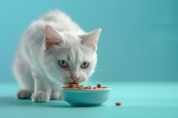 cat eating food isolated on blue background