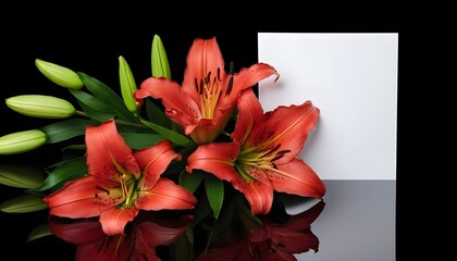 A blank white card in front of a bouquet of red lilies