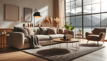 a panoramic 3D rendering of a modern Scandinavian apartment interior, featuring both the living room and dining room.