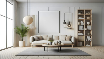 Discover a minimalist modern living room interior background designed just for you. This Scandinavian-style mock-up features an empty wall, providing the ideal canvas.