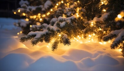 Christmas tree branches in the snow and glowing lights