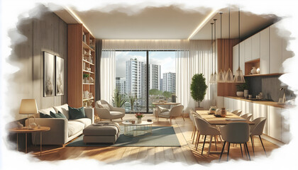 panoramic 3D rendering of a modern Scandinavian apartment interior, featuring both the living room and dining room.