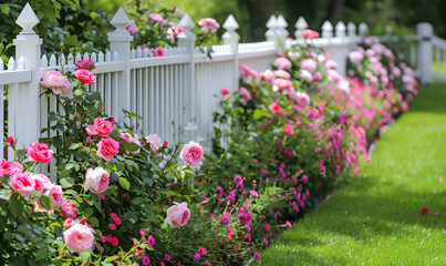 Colorful garden border, white fence and pink roses , Generative AI
