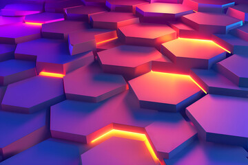 abstract geometric background in the form of 3d hexagons and lights, futuristic hexagons with neon orange and purple light