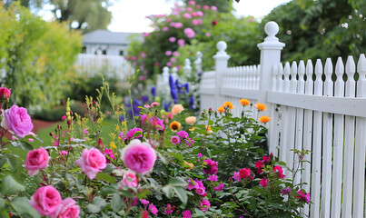 Colorful garden border, white fence and pink roses , Generative AI