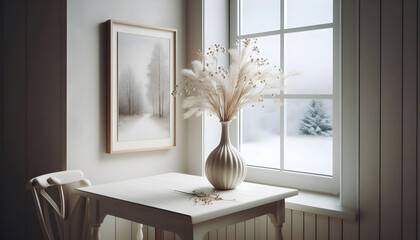 a delicate vase sitting on a white wooden table beneath a towering white window