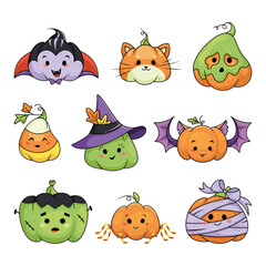Halloween pumpkins set cartoon vector illustration