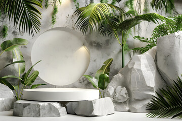 3D podium made of natural stone and concrete surrounded by tropical leaves and vegetation. Empty podium for presentation of packaging products, fresh eco background