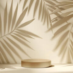 3D beige podium with tropical leaves and shadow for product presentation. Empty background with round podium with shadows of palm leaves. minimalism, 3D room with copy space