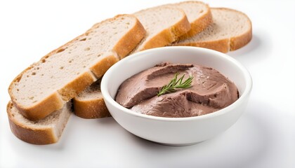homemade liver pate with bread on a white background - obrazy, fototapety, plakaty