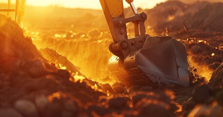 Excavator bucket digging earth, close-up, sunrise glow, wide lens, focus on power and precision.