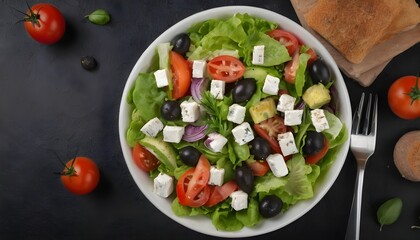 Greek salad with feta and tasty selection of vegetables on black background - obrazy, fototapety, plakaty